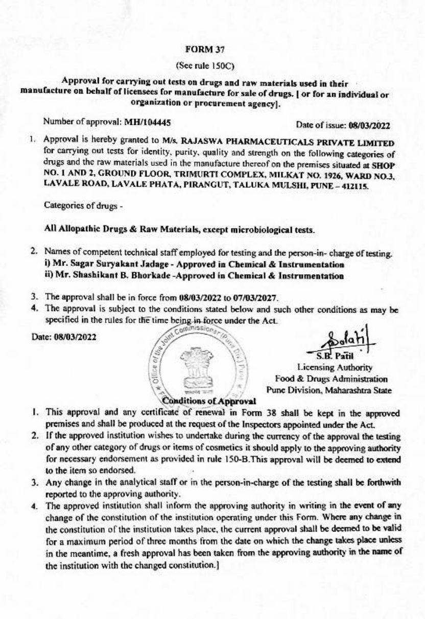 Form 37 approval certificate of Rajaswa Pharmaceuticals