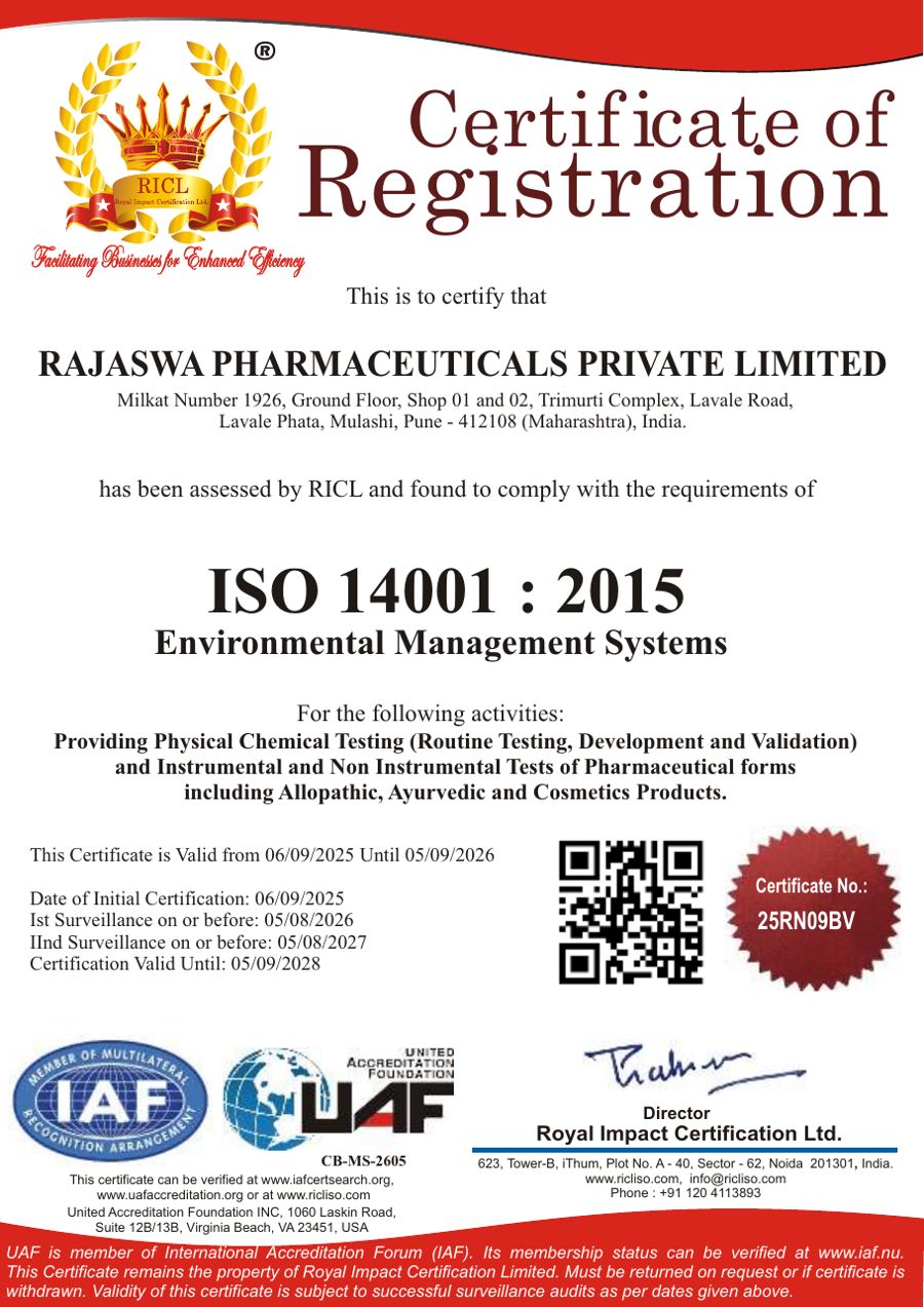 ISO 14001:2015 certificate of Rajaswa Pharmaceuticals