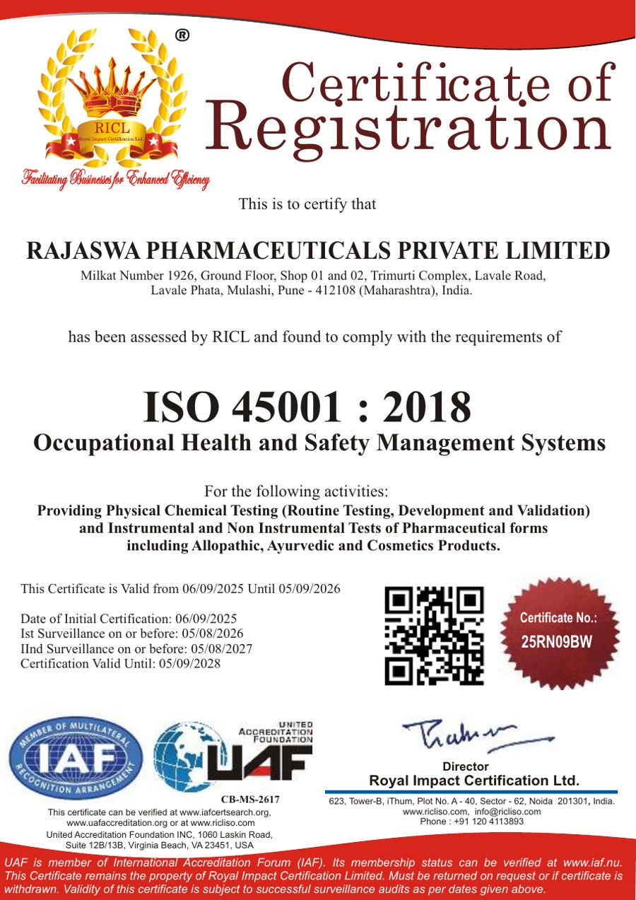 ISO 45001:2018 certificate of Rajaswa Pharmaceuticals