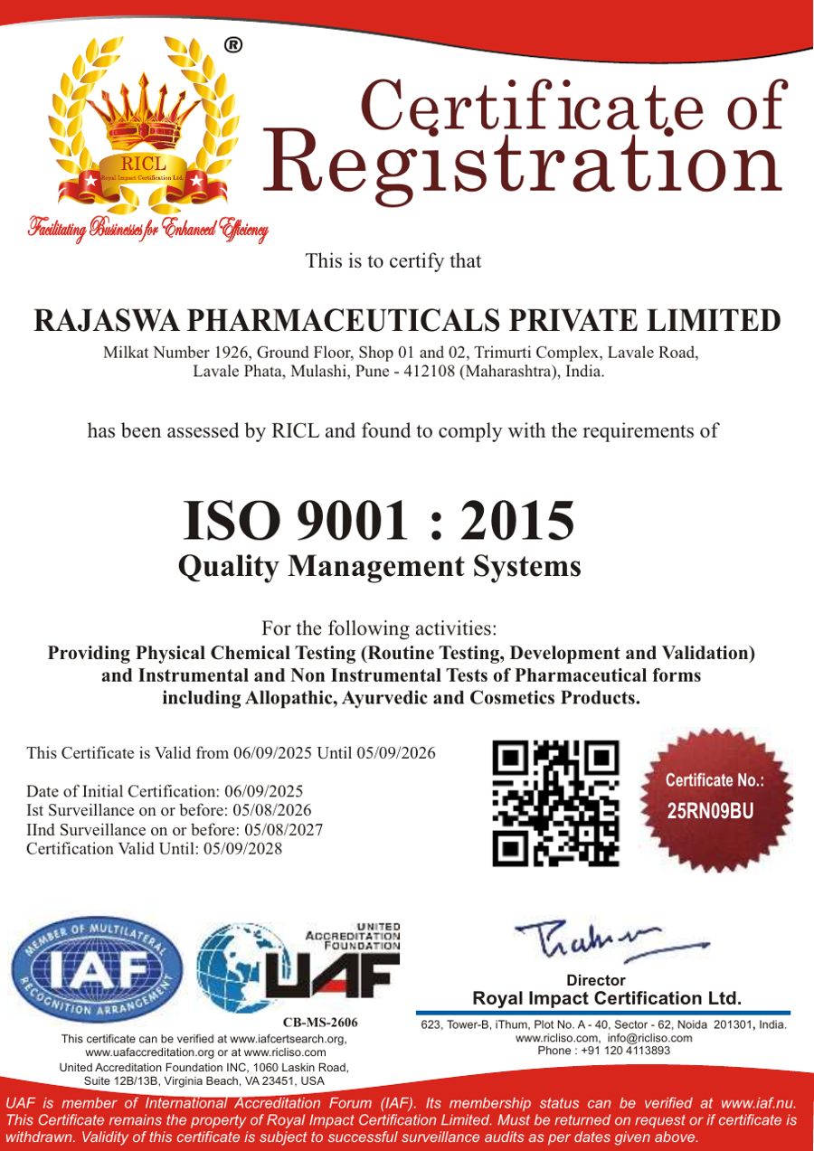 ISO 9001:2015 certificate of Rajaswa Pharmaceuticals