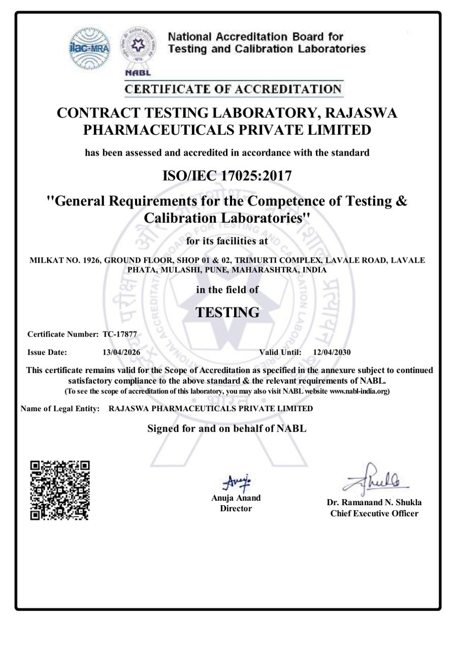 ISO/IEC 17025:2017 certificate of Rajaswa Pharmaceuticals